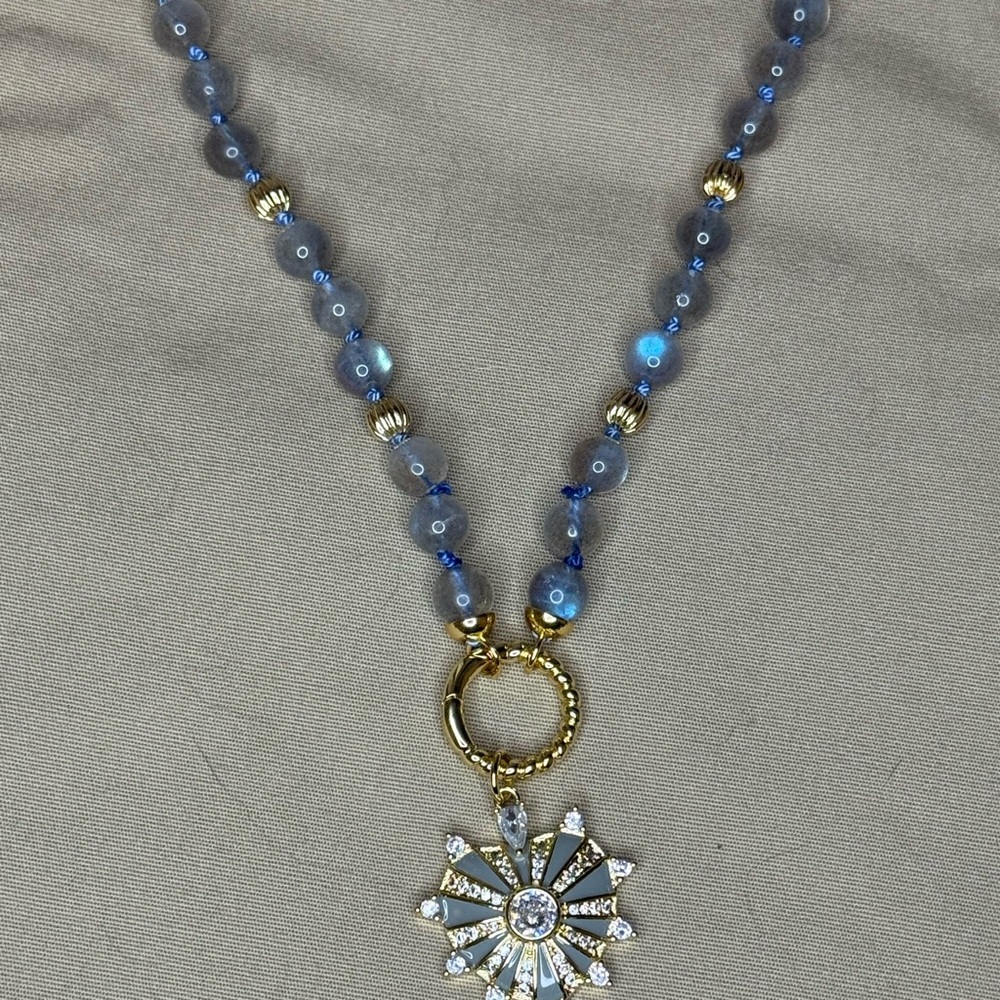 Labradorite Beaded Necklace with Gold Filled Heart Sunburst Pendant